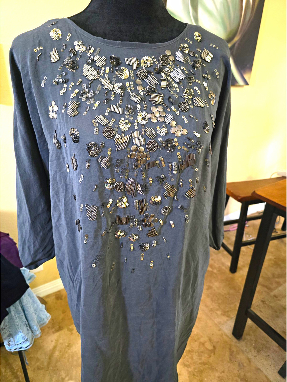 Rebecca Taylor Gray 100% Silk Sequin Beaded Dress Shift Size 4 Tie Back
